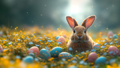 A cute bunny sits beside a decorated Easter egg among fresh spring grass, with sunlight filtering through.