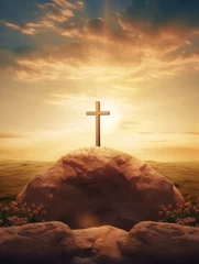 Foto op Canvas Easter Sunday concept: Tomb empty with cross on sunset background, copy space - generative ai © Nia™