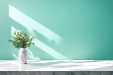 White marble tabletop or countertop in modern and minimal turquoise green blue wall room with sunlight and tree shadow from window at home for household and personal product display