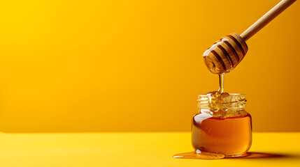 Jar of honey with falling honey from dipper honey, isolated on yellow background. front view. copy space. mock up. front view.