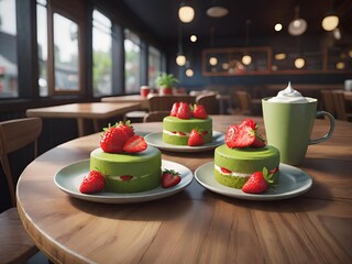 Wooden table featuring three green tea cakes topped with fresh strawberries and a warm cup of creamy beverage. Generative AI.