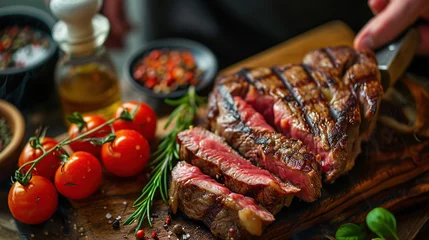  Man holding juicy grilled beef steak with spices on cutting board. Image of food. copy space for text. © Naknakhone
