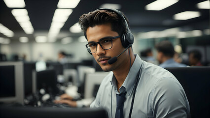 Man at computer, call center and headset with contact us, communication and CRM with tech support. Customer service, help desk and telemarketing with serious male consultant and professional service, - obrazy, fototapety, plakaty