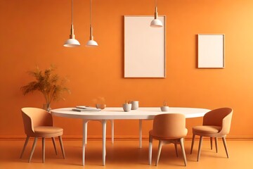 Orange room with chair,table,pampas and orange wall background.3d rendering