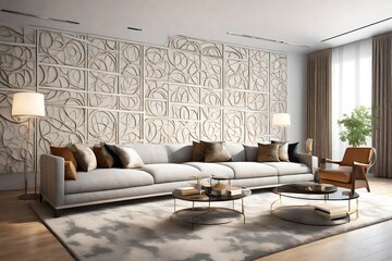 Modern living room. This is entirely 3D generated image. Wall images are generic CGI of simple circular pattern.