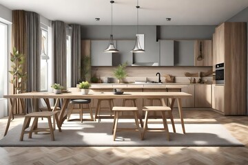Living room interior design with kitchen and dining table- 3d render gray and brown colored furniture and wooden elements