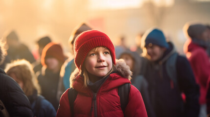 Young Student with Backpack Wearing Red Hat Waiting in Morning Schoolyard. Education and Childhood Concept