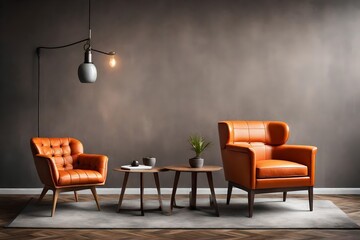 Modern Interior With Orange Colored Leather Armchair, Sconce, Coffee Table And Gray Wall.