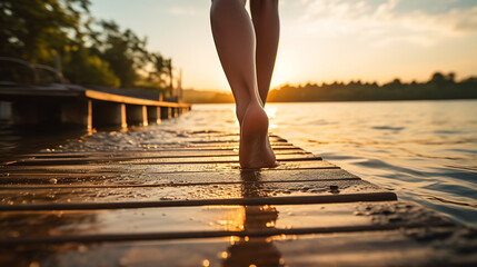 Person Walking Barefoot on a Wooden Dock at Sunset by the Lake. Serenity and Freedom Concept - Powered by Adobe
