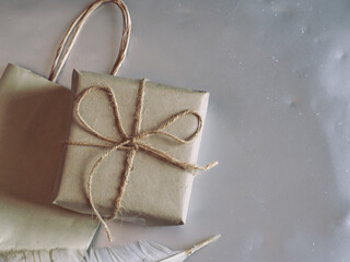 Brown gift box with feathers for Valentine's Day, magic concept