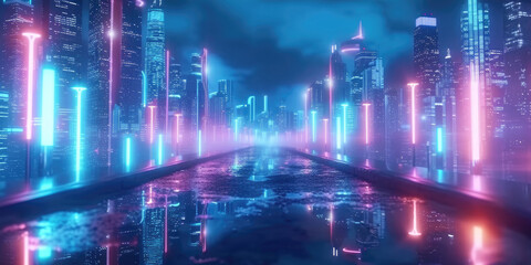 Obraz premium 3d modern buildings in capital city with neon light reflection from puddles on street. Concept for night life, never sleep business district center , night cyberpunk city