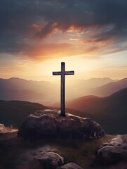Easter and Good Friday concept, Empty tombstone with cross on mountain sunrise background, copy space - generative ai