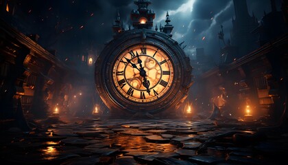 3d rendering of an old clock in the dark. Time concept