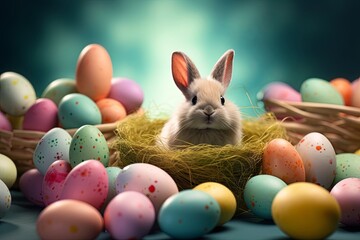 Rabbit bunny and colourful eggs on background. Easter day. presentation. advertisement. invitation. copy text space. - obrazy, fototapety, plakaty