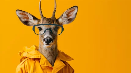 Poster Im Rahmen Stylish Deer in Yellow Jacket with Glasses on Yellow Background © vanilnilnilla