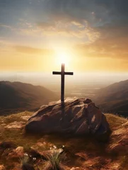 Fotobehang Easter and Good Friday concept, Empty tombstone with cross on mountain sunrise background, copy space - generative ai © Nia™