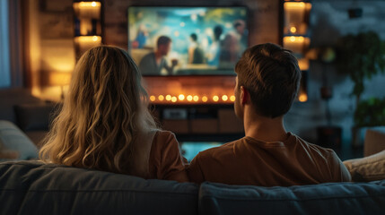 Couple watching a movie together at home - obrazy, fototapety, plakaty