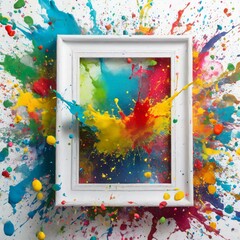 white photo frame mock-up with colorful paint splatters exploding around it