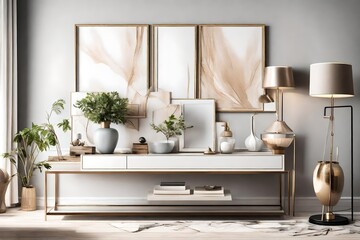 Stylish living room interior design with console and mock up poster frame. Lamp, vase and elegant personal accessories. Copy space.