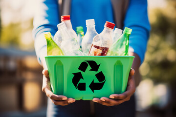 Person Holding Cardboard Box Full of Plastic Bottles for Recycling. Environmental Responsibility and Conservation Concept