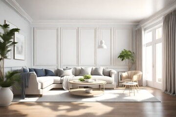 Modern Hampton style interior design in livingroom. Lighting and sunny house with large classic windows. Mock up wall. 3d rendering illustration.