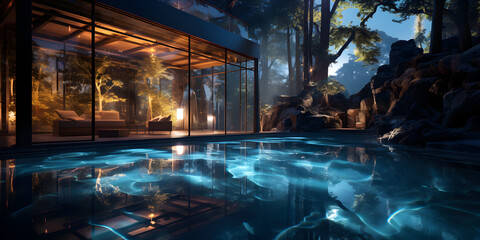 Luxury swimming pool in hotel at night