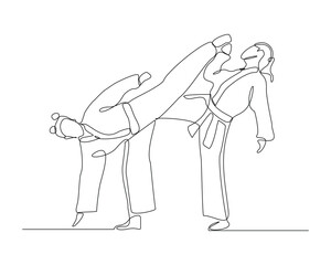 Fototapeta na wymiar Continuous single line sketch drawing of young two woman confident karateka in kimono practicing fight karate combat. One line traditional martial art sport training concept Vector illustration