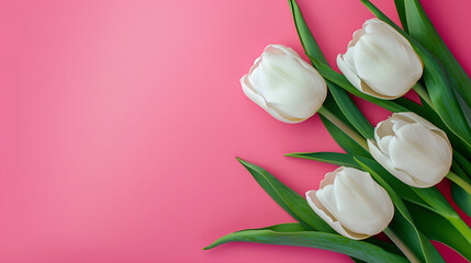 white tulips flowers isolated on soft pink background. top view, flat lay style.