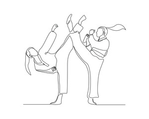 Continuous single line sketch drawing of young two woman confident karateka in kimono practicing fight karate combat. One line traditional martial art sport training concept Vector illustration