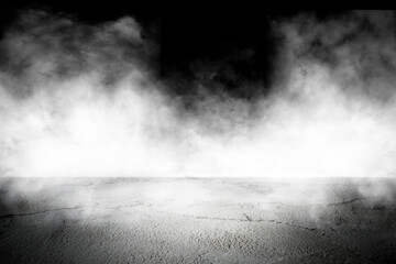 Asphalt concrete grunge floor with smoke or fog in dark room with spotlight. grungy broken night...