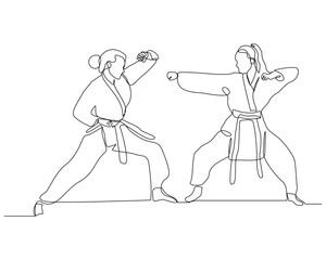 Continuous single line sketch drawing of young two woman confident karateka in kimono practicing fight karate combat. One line traditional martial art sport training concept Vector illustration