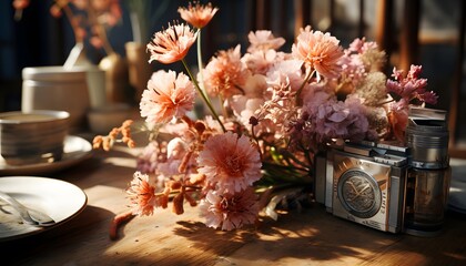 Obraz na płótnie Canvas Bouquet of pink flowers and old camera on a wooden table