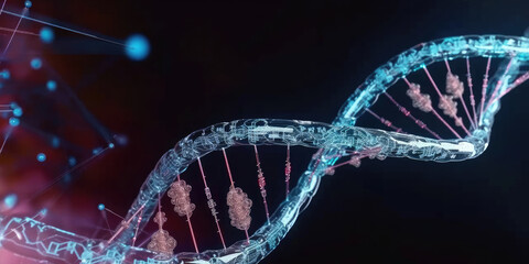 3d spiral DNA with imprinted abstract technology circuit board on dark background. Concept for genetic modification, biology, robotic organism, science. copy space