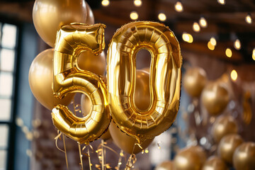 Happy 50th birthday. Gold helium 50 birthday balloons at a celebration event - obrazy, fototapety, plakaty