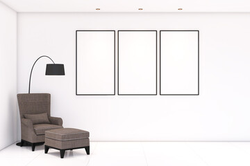 Modern readingroom with frame mock up on the wall. Design 3d rendering of black and white images. Design print for illustration, presentation, mock up, interior, cover, display, background. Set 1
