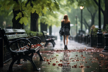 fresh and pure human with park's allure is enhanced by rain, as droplets cling to leaves, paths shimmer, and benches beckon for moments of reflection - obrazy, fototapety, plakaty