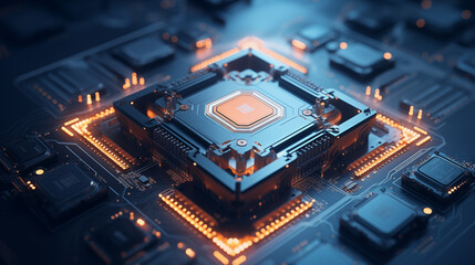 super computer with an internal microprocessor on a blue background