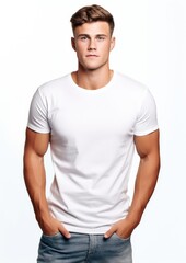 Obraz premium Man in white t-shirt and jeans standing on a white background