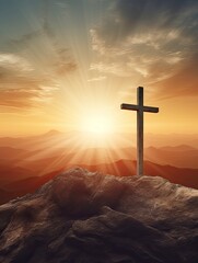 Easter and Good Friday concept, Empty tombstone with cross on mountain sunrise background, copy space - generative ai - obrazy, fototapety, plakaty