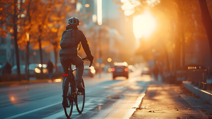 A man riding a bicycle on a city street during the golden hour of the day.