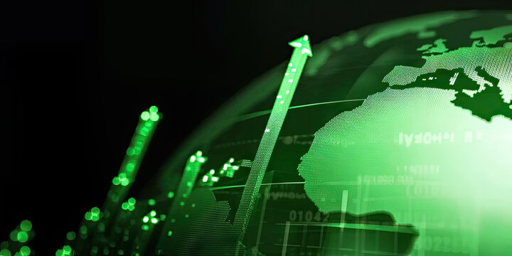Green stock market graph rising up with digital  globe background. Global Stock market rally or recovery concept.stock, cryptocurrency background