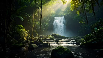 Türaufkleber Panoramic view of a waterfall in the rainforest at sunrise © Iman