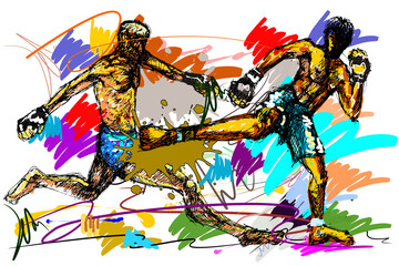 Thai fight boxing sport art sketch and brush strokes style