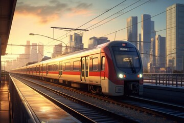 Naklejka premium train pulls into the station at sunset