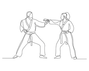 Continuous single line sketch drawing of young man and woman confident karateka in kimono practicing fight karate combat. One line traditional martial art sport training concept Vector illustration