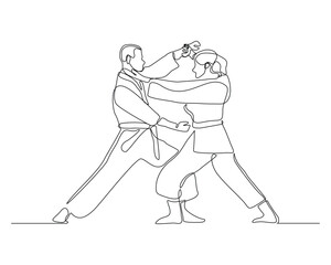 Obraz premium Continuous single line sketch drawing of young man and woman confident karateka in kimono practicing fight karate combat. One line traditional martial art sport training concept Vector illustration