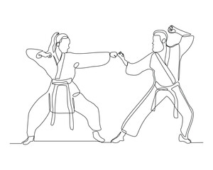 Continuous single line sketch drawing of young man and woman confident karateka in kimono practicing fight karate combat. One line traditional martial art sport training concept Vector illustration