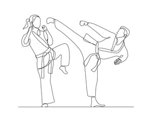 Continuous single line sketch drawing of young man and woman confident karateka in kimono practicing fight karate combat. One line traditional martial art sport training concept Vector illustration
