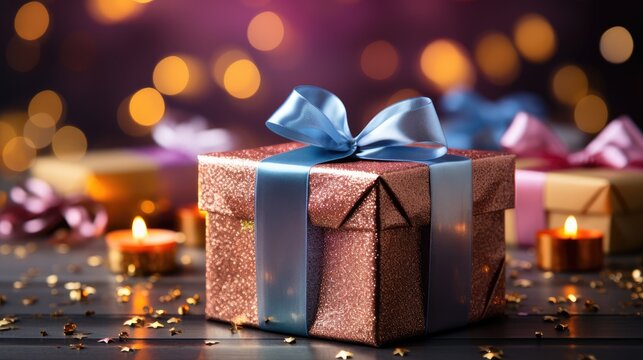 Beautifully packaged box with a festive bow. Holiday gift.