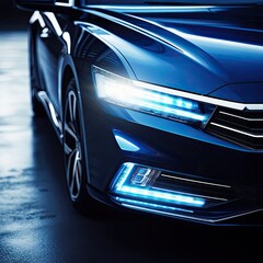 Close-up of the headlights of a stylish fashionable expensive foreign car.